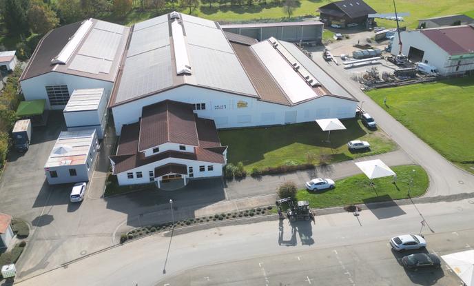 A drone shot of various buildings