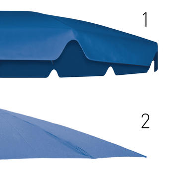 Two blue parasol canopies with and without a valance