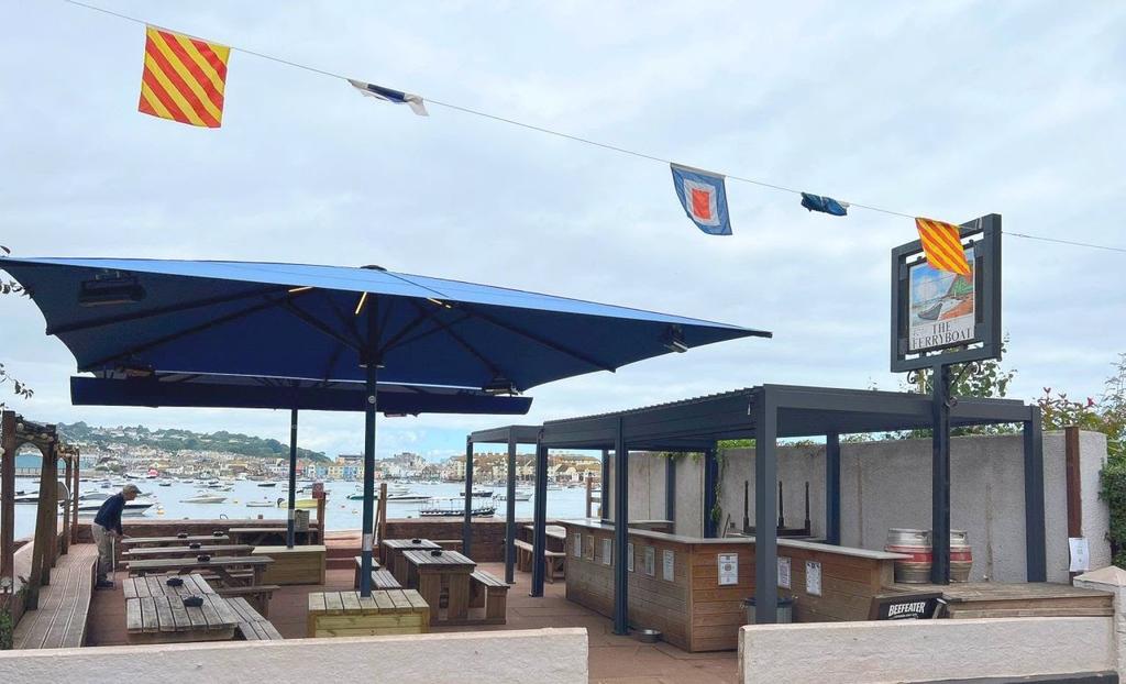 Terrace with blue parasols