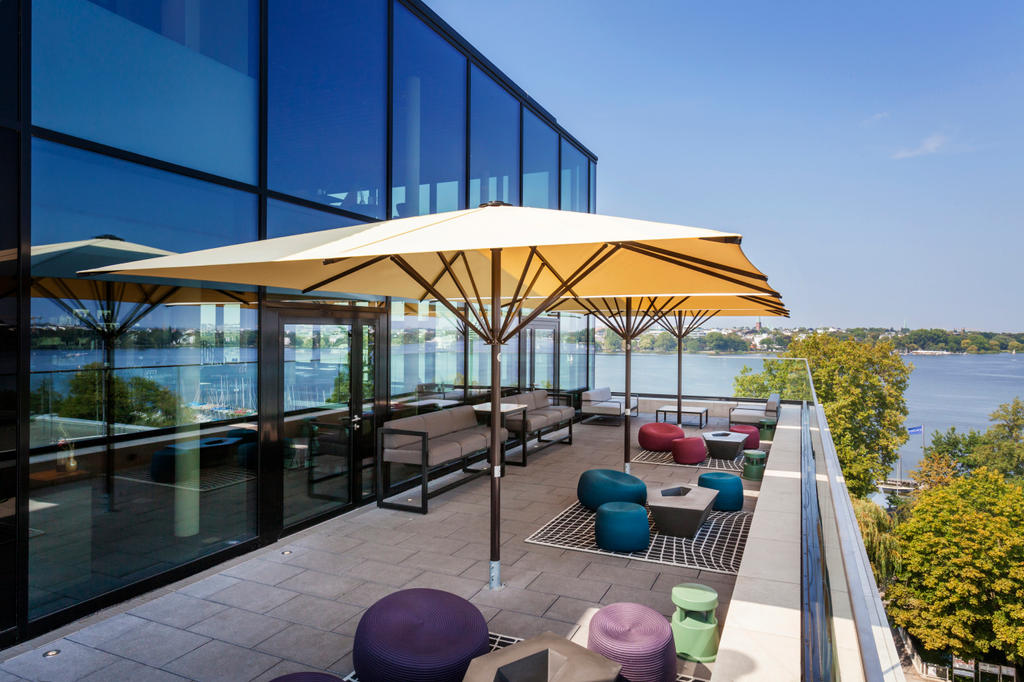 Patio with yellow parasols