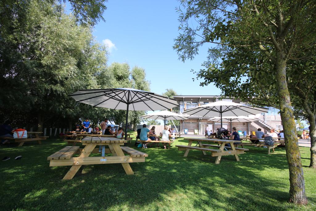 Garden with white parasols