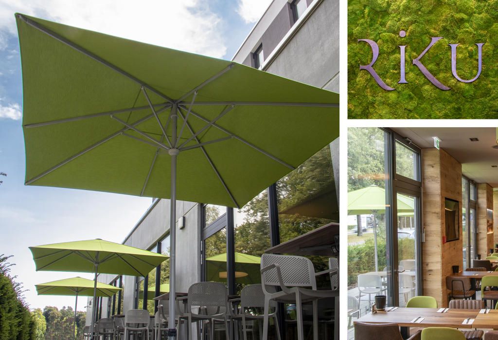 Patiop with green parasols