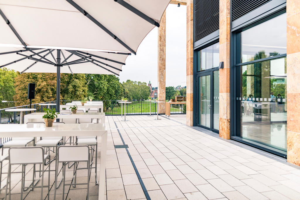 Patio with white parasols