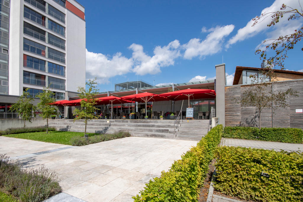 Patio with red parasols