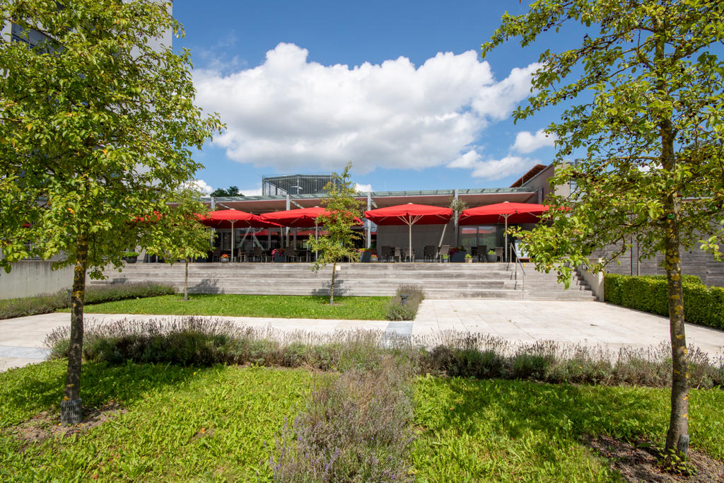 Patio with red parasols