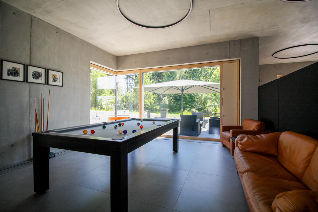 Terrace with grey parasols