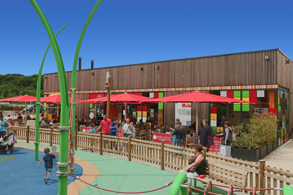 Patio with red parasols