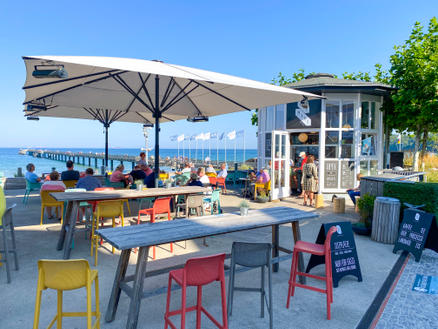 Patio with beige parasols