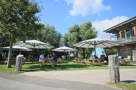 Garden with white parasols