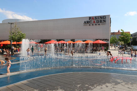 Patio with red parasols