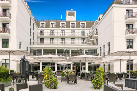 Patio with white parasols