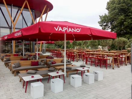 Patio with red parasols