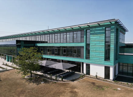 Terrace with grey parasols