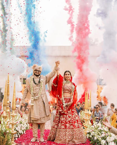 Bride and groom grand celebration with festive pyros
