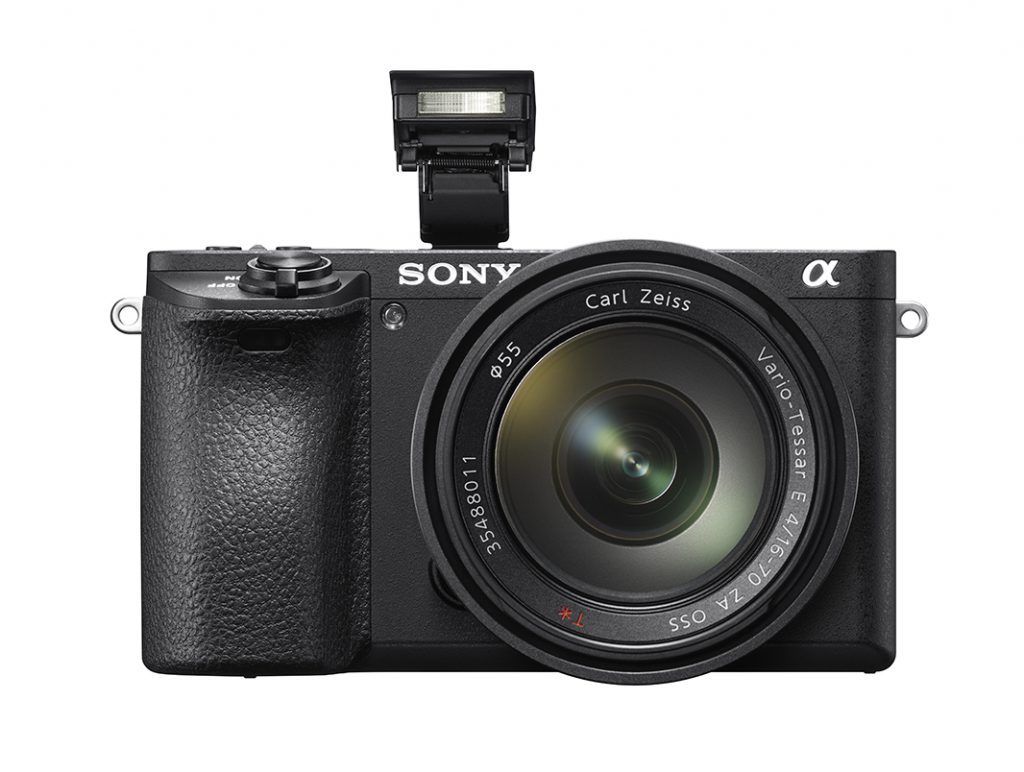 Sony α6500 front view with flash