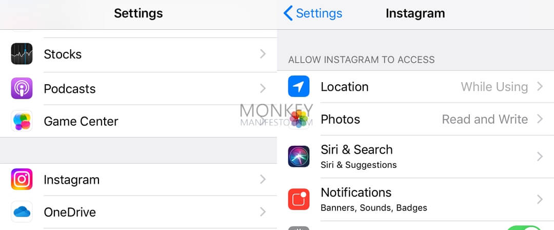 settings instagram location while using on iphone