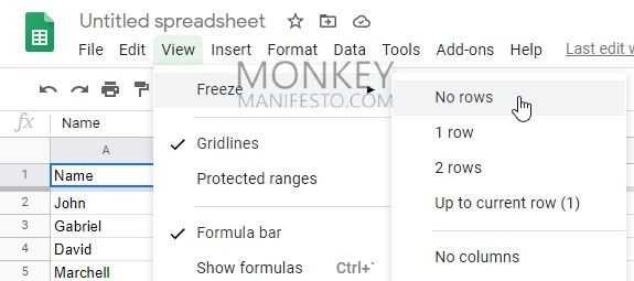 how to unfreeze rows in google sheets using menu