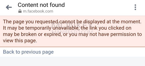 content not found facebook this page you requested cannot be displayed at the moment