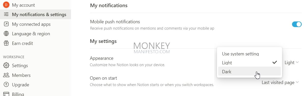 use dark mode on notion on windows 11 or windows 10 pc