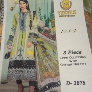3 piece lawn collection neck embroidered with chiffon dupatta and plain trouser in yellow and black