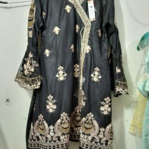 Single kurti fully embroidered with organza sleeves in black