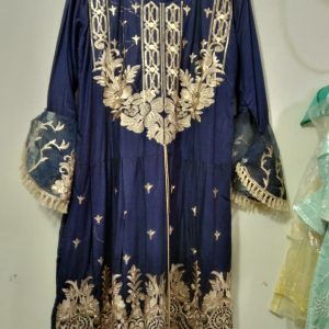 Single kurti fully embroidered with organza sleeves in dark blue