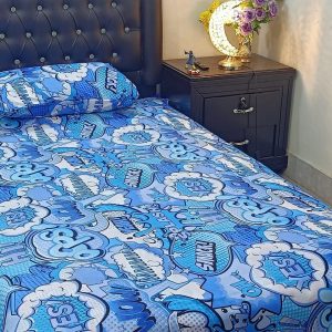 4 pcs 100% pure cotton single bedsheet pair in blue with expression design