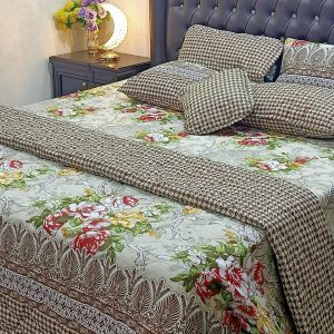 7 piece bed comforter set in Sea green and brown with rose boquet design