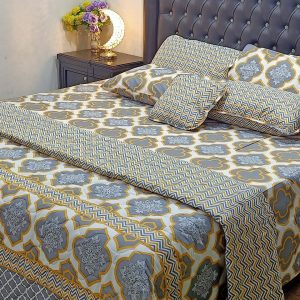 7 piece bed comforter set in golden and gray with flake design