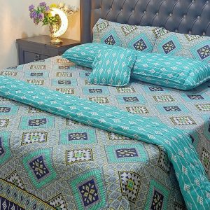 7 piece bed comforter set in light blue with diamond design