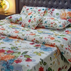 7 piece bed comforter set in white with colourful flower design