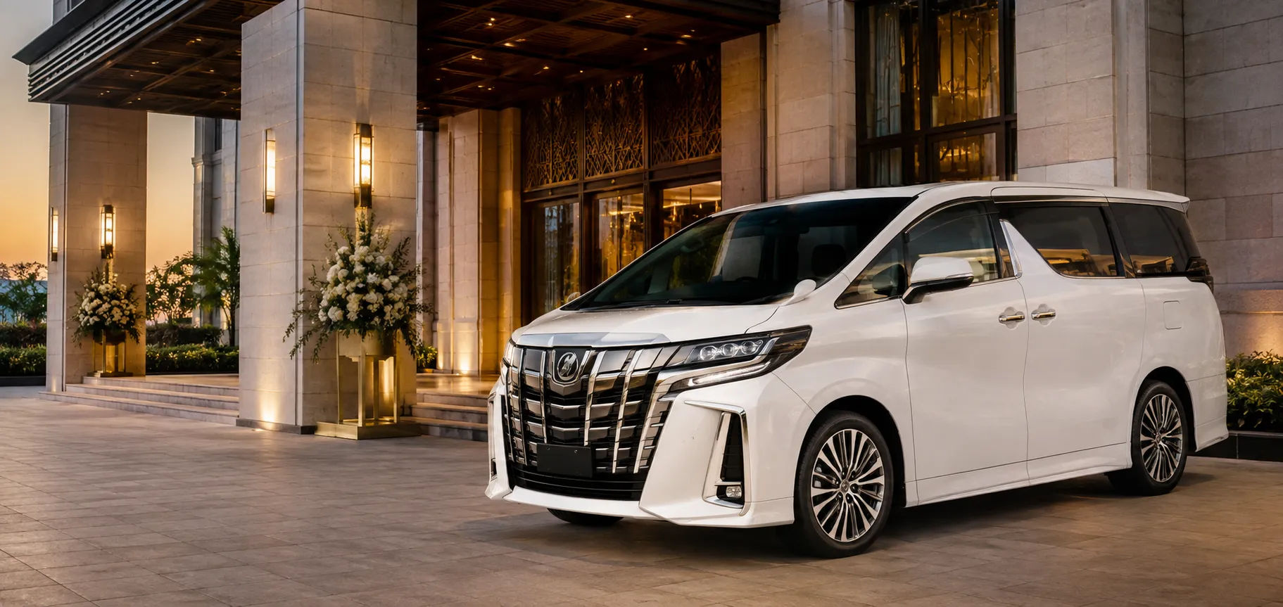 Premium white Toyota Vellfire wedding car rental outside an elegant venue