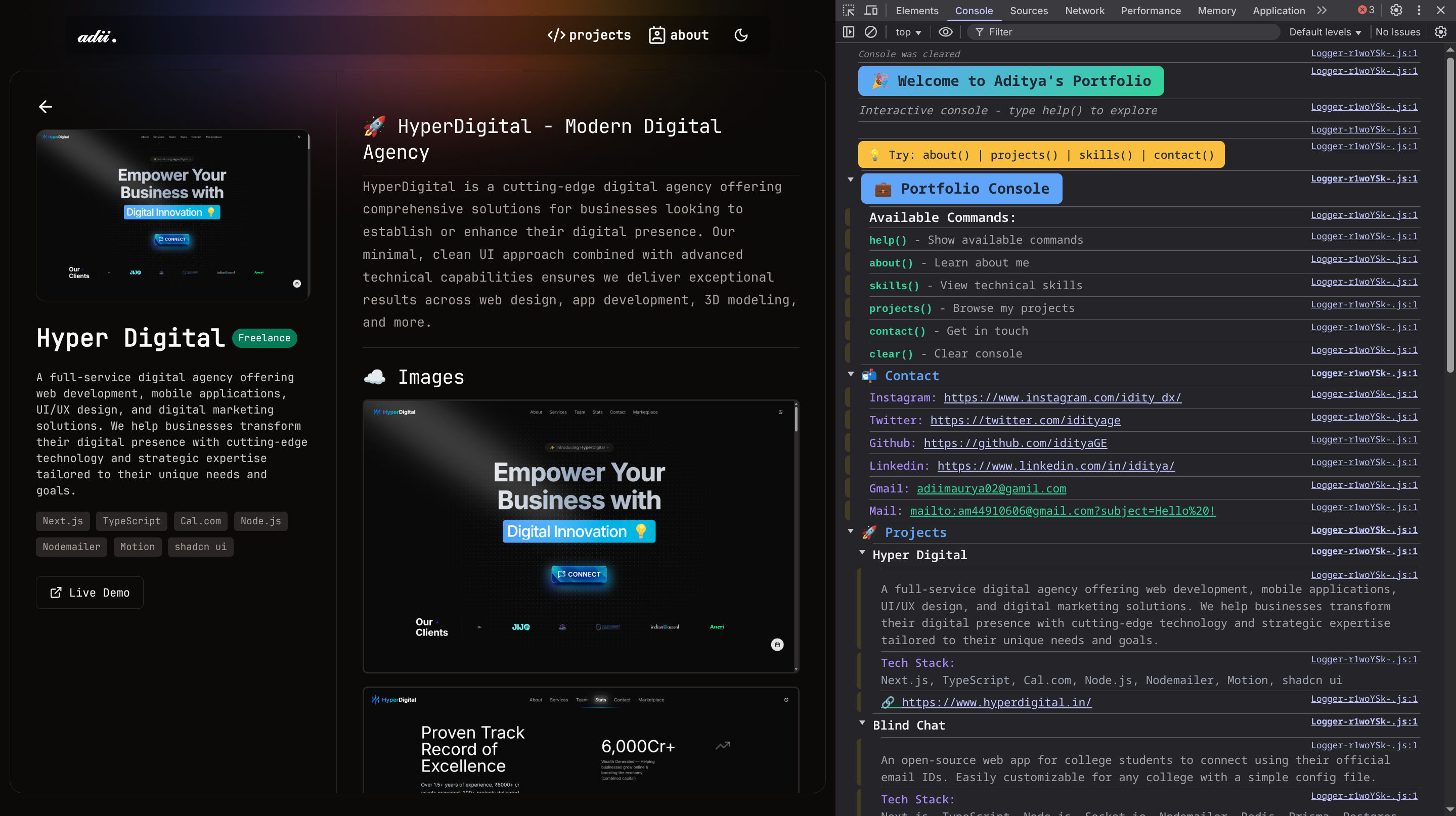 Developer console with custom commands
