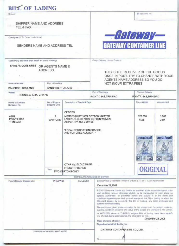 Bill of Lading Sample