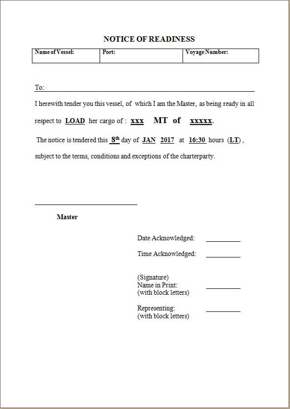 Sample Notice of Readiness NOR