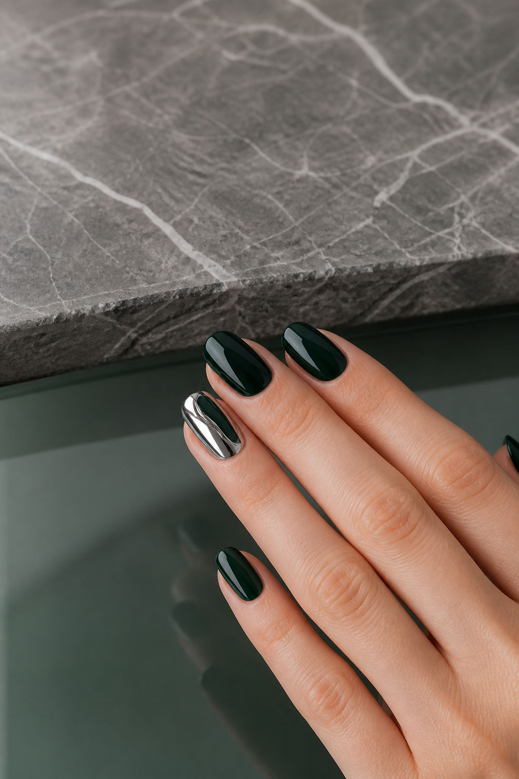 Green chrome nail detail