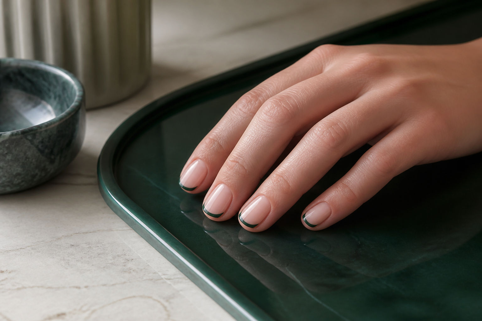Fine green French tip manicure