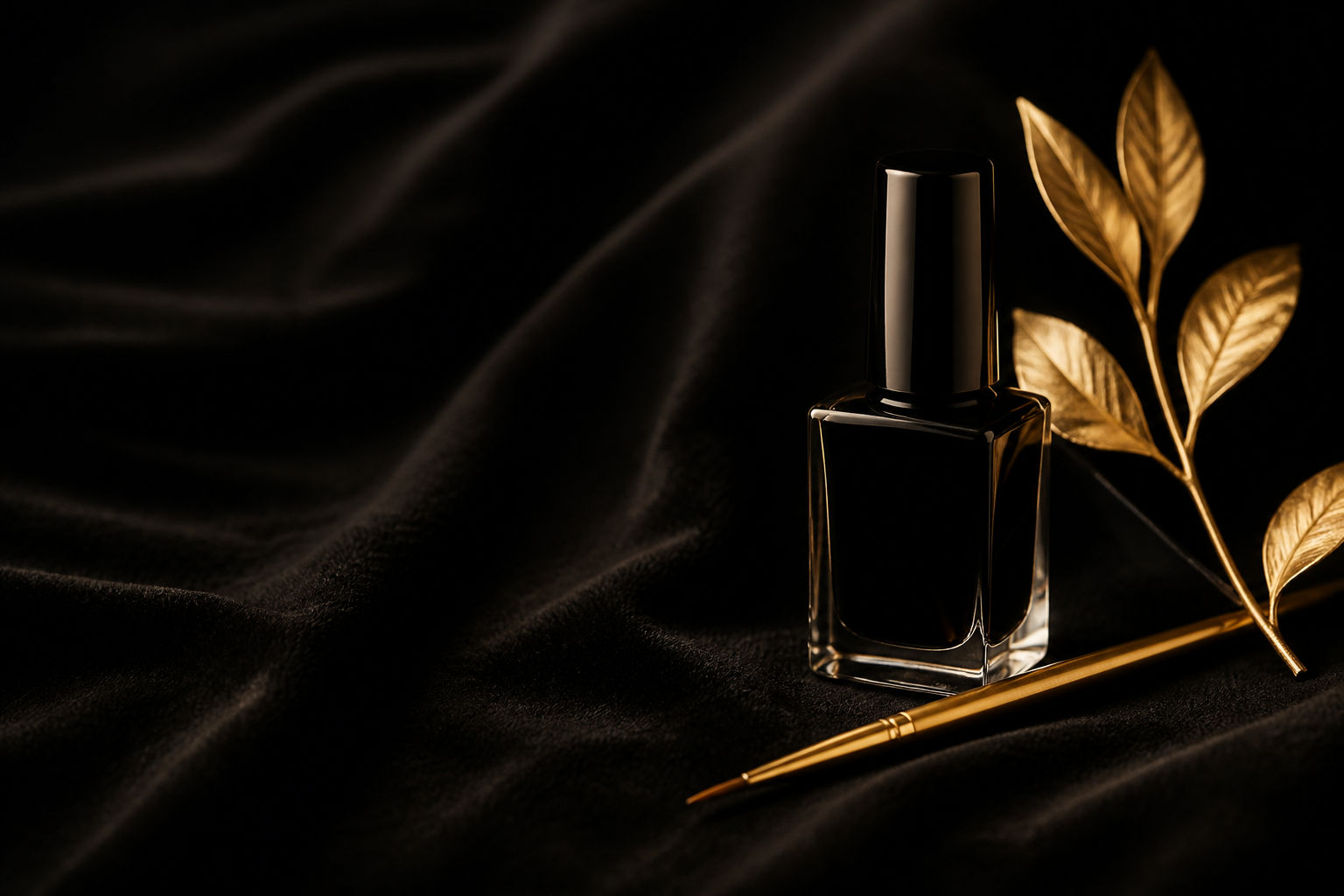 Black nail polish, gold brush and gold leaves on black velvet