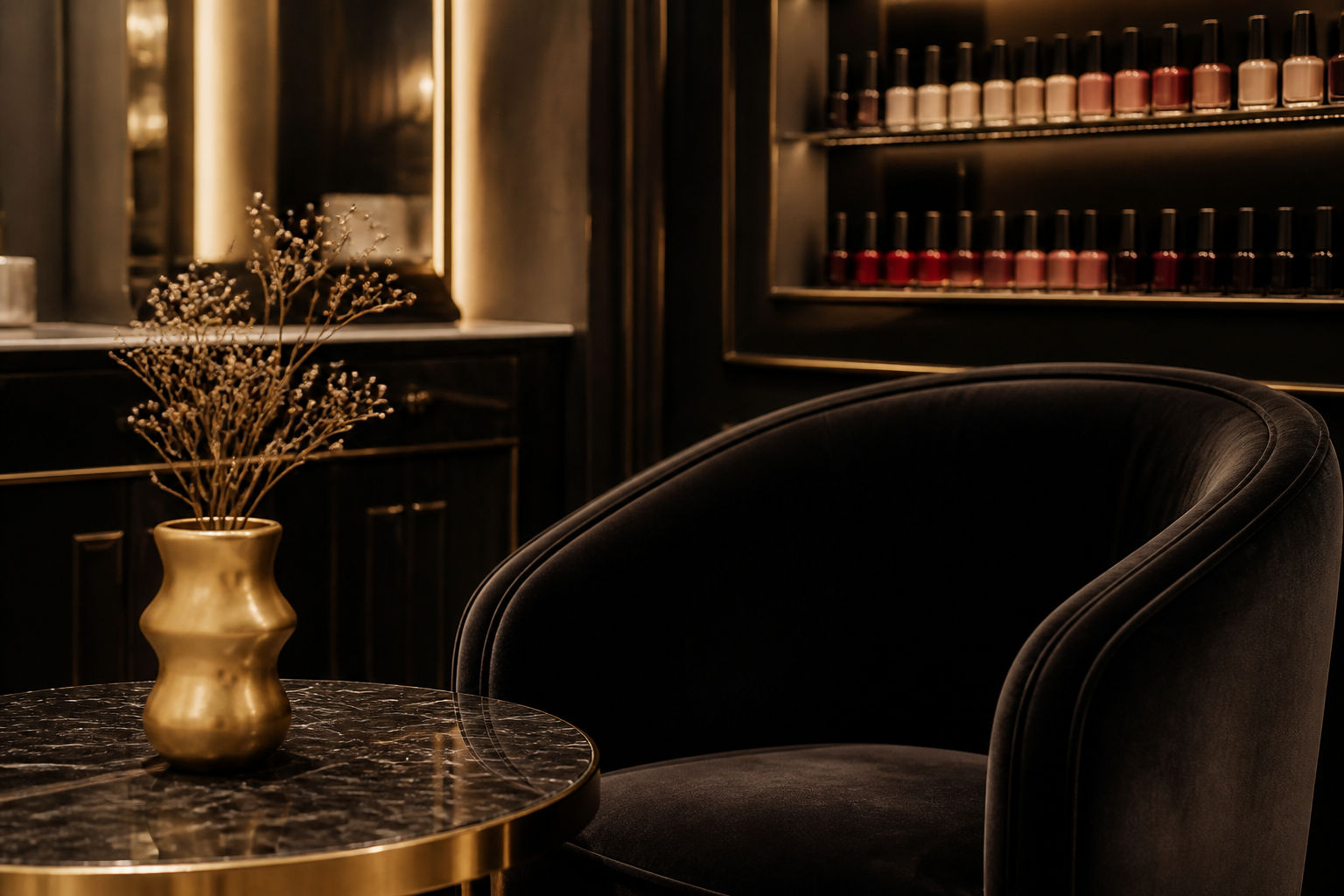 Dark luxury nail studio interior