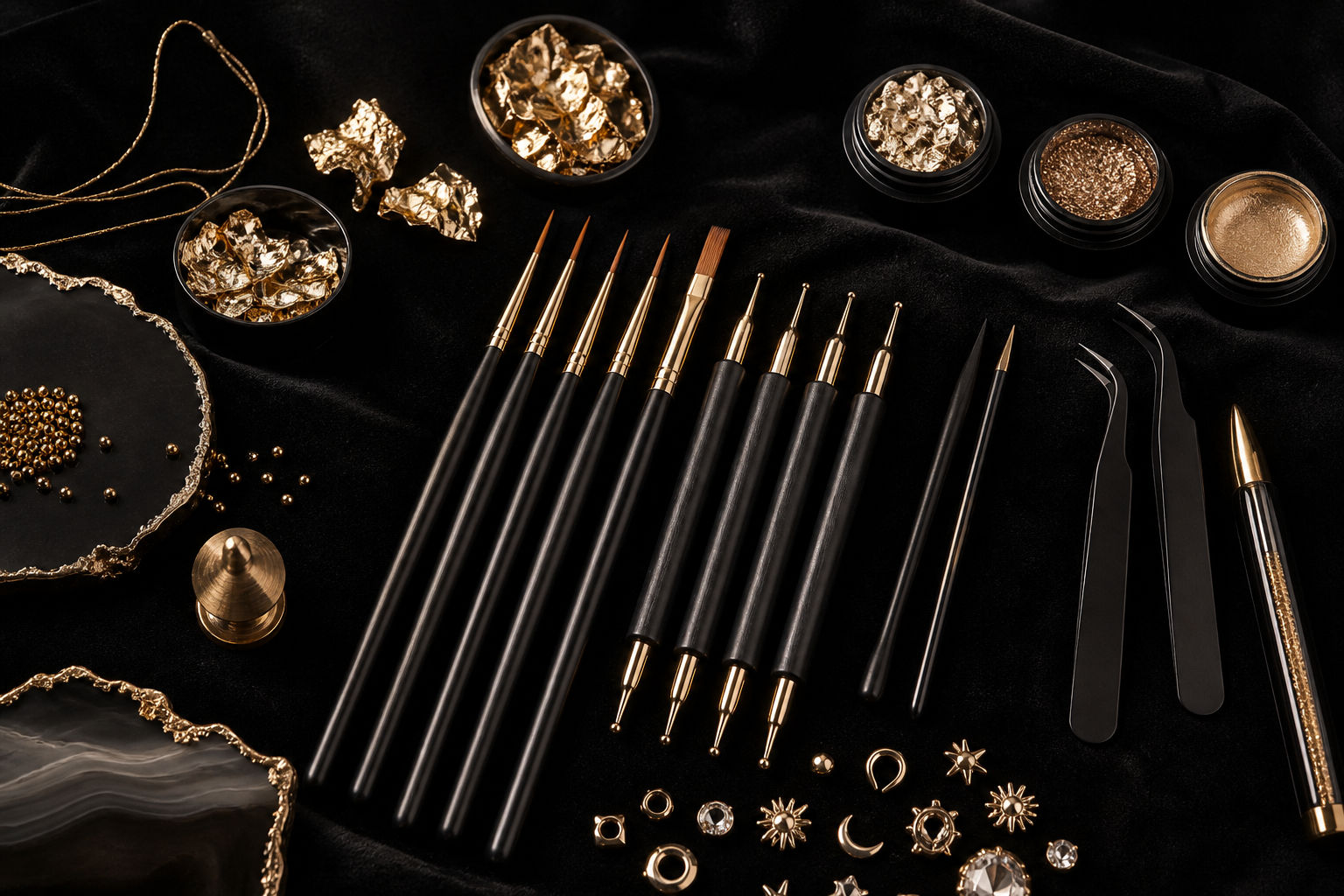 Gold manicure tools on black velvet