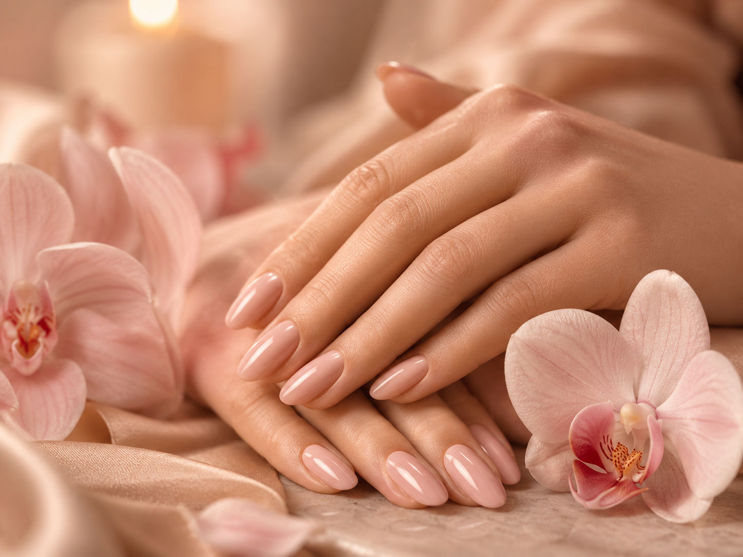 Glänzende, gepflegte Maniküre mit Orchideen