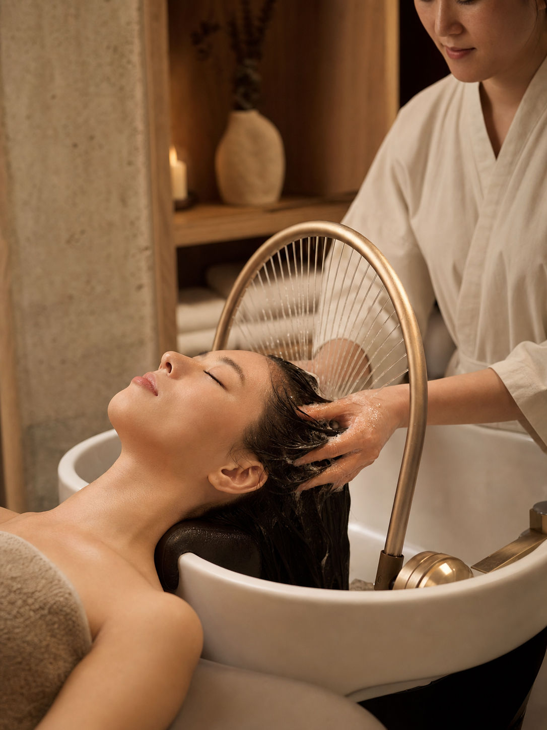 Relaxing head spa treatment with scalp massage and water halo