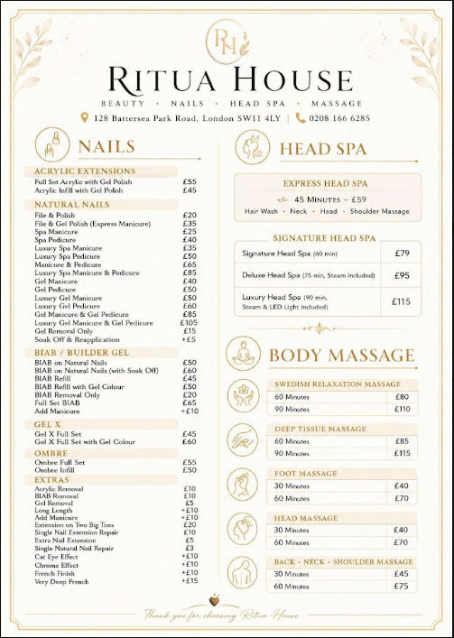 Original RITUA HOUSE printed price menu with nails, head spa and body massage prices