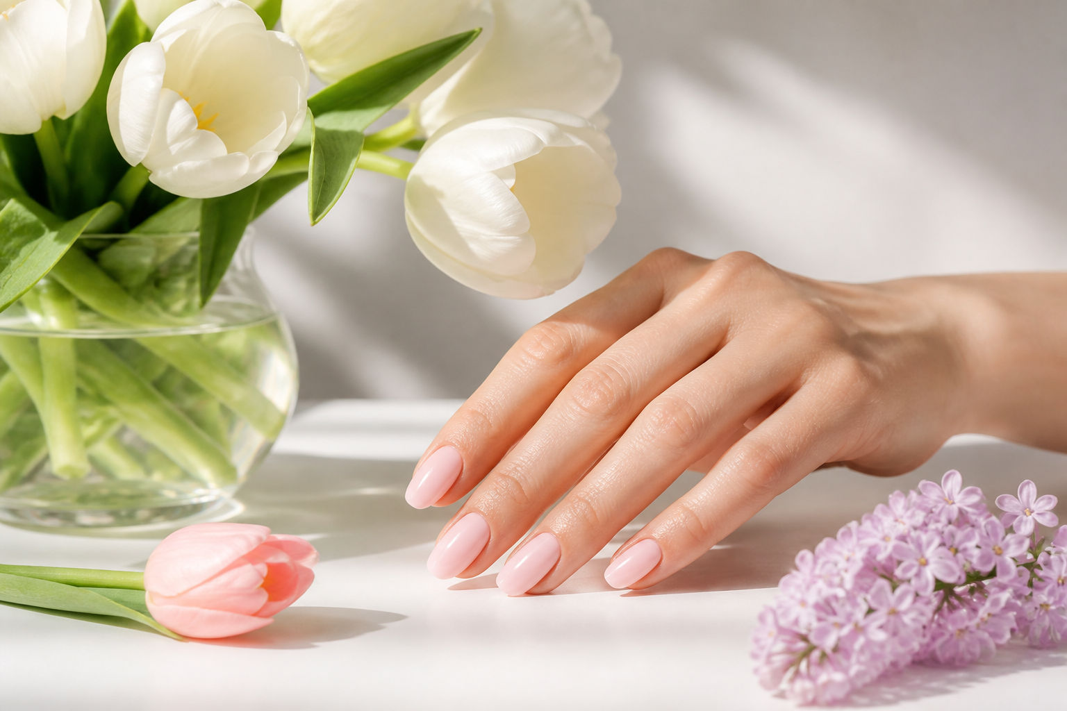 Roze manicure met witte tulpen