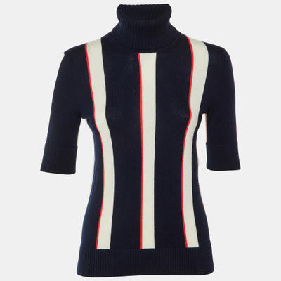 Chanel Navy Blue Striped Cashmere Turtle Neck Sweater S