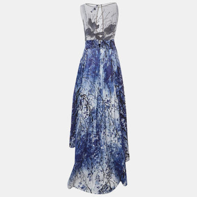 Elisabetta Franchi Blue Embellished Printed Mesh & Crepe High Low Dress L
