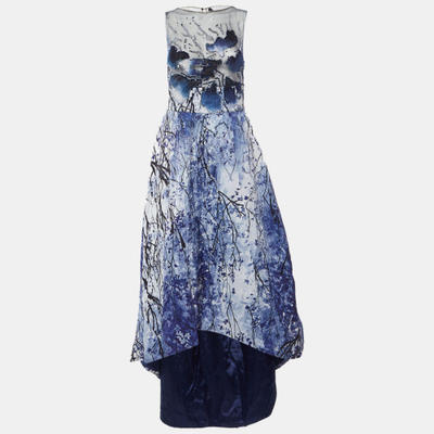 Elisabetta Franchi Blue Embellished Printed Mesh & Crepe High Low Dress L