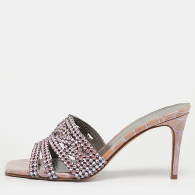 Gina Purple Croc Embossed Leather Slide Crystal Embellished Slide Sandals Size 37.5