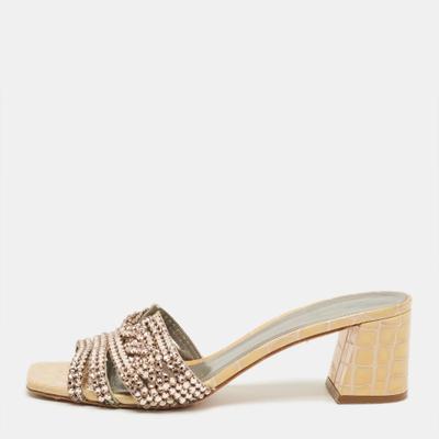 Gina Beige Croc Embosse and Leather Crystal Embellished Loren Slide Sandals Size 39