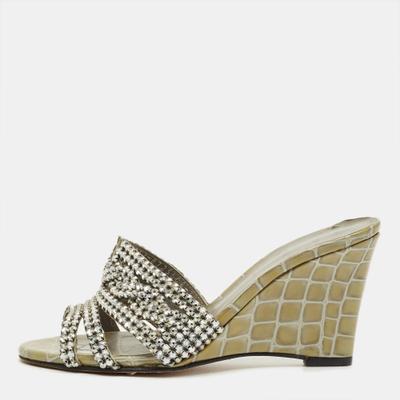 Gina Grey Croc Embossed Leather and Leather Rodeo Wedge Slide Sandals Size 36.5